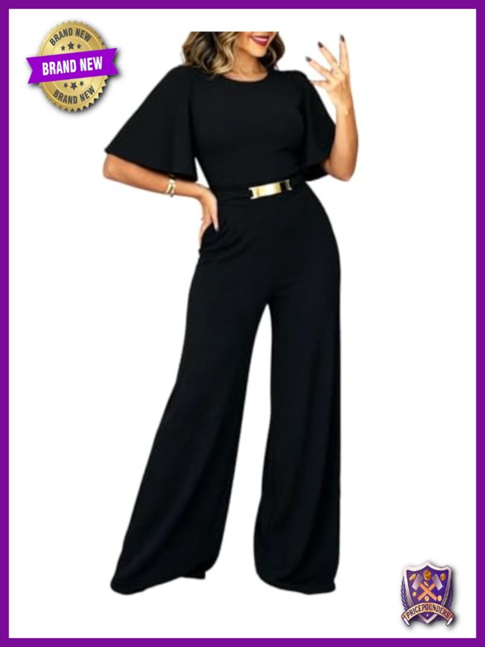 Women's Wide Leg Jumpsuit Short Sleeve Flutter Sleeve Metal Waist Detail Side - Picture 1 of 6